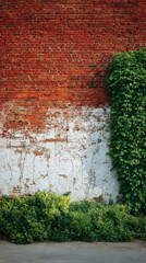 Red and white old brick wall with green hedge, summer day, copy space, background, texture