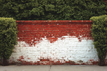 Red and white old brick wall with green hedge, summer day, copy space, background, texture
