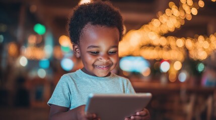 Child smiles while using tablet indoors at a lively restaurant setting