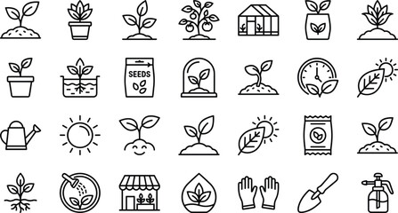 Gardening icon set, black and white vector, plant growth, seedling, greenhouse, watering can, soil, sunlight, tools, spray bottle, agriculture, care