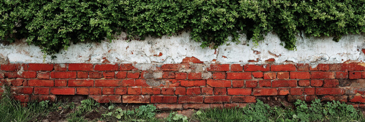 Red and white old brick wall with green hedge, summer day, copy space, background, texture