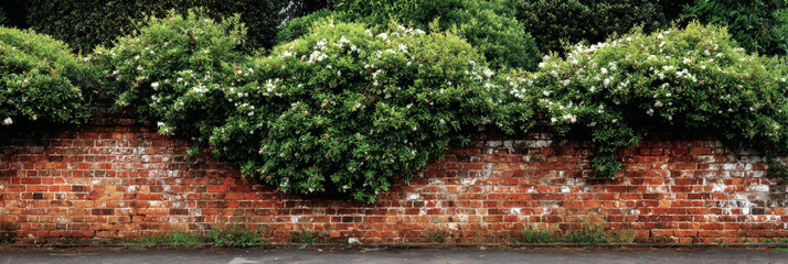 Red and white old brick wall with green hedge, summer day, copy space, background, texture
