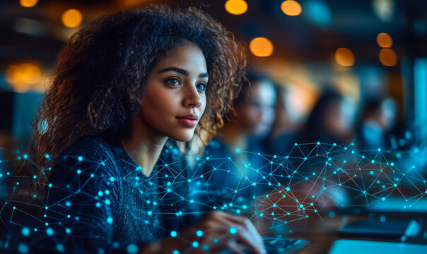 Focused young woman using computer with digital network visualization overlay in modern office environment, technology learning concept