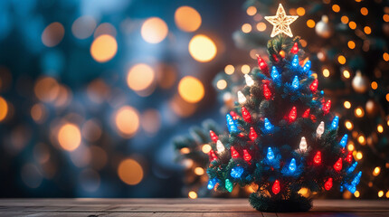 Glowing Christmas tree with bright lights bringing warm joyful holiday atmosphere.