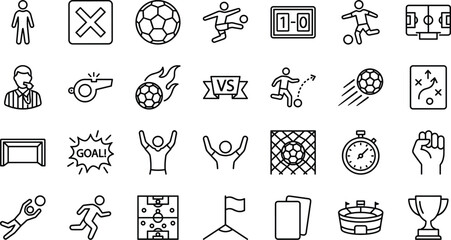 Soccer icon set, black and white vector, football, goal, player, ball, referee, strategy, celebration, stadium, cards, trophy, scoreboard © Md