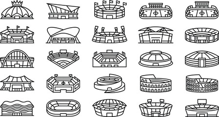 Stadium architecture icon set, black and white line drawings, sports venue symbols, vector illustration, global arena styles, event infrastructure graphics © Md
