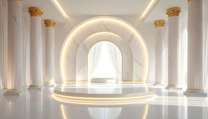 Luxury White Arch Interior with Golden Ambient Lighting, for stage background