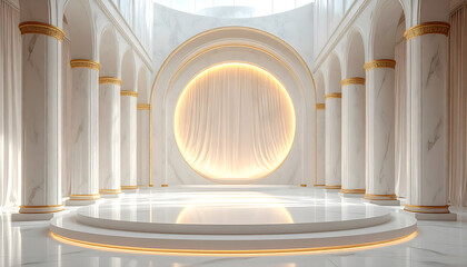 Luxury White Arch Interior with Golden Ambient Lighting, for stage background