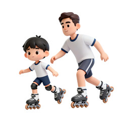 Obraz premium A father and son are roller skating outdoors, enjoying a fun family activity together.