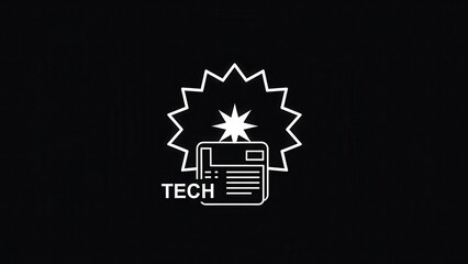 Stylized white line art icon of a vintage computer monitor with a starburst effect and the word tech below on a black background