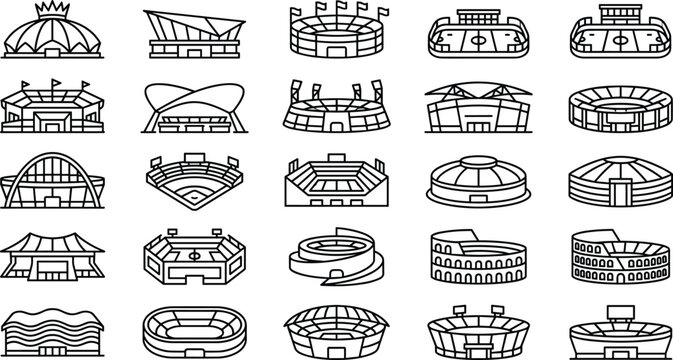 Fototapeta Stadium architecture icon set, black and white line drawings, sports venue symbols, vector illustration, global arena styles, event infrastructure graphics