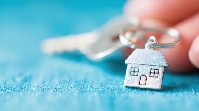 Keys and a house keychain are shown against a blue background - Powered by Adobe