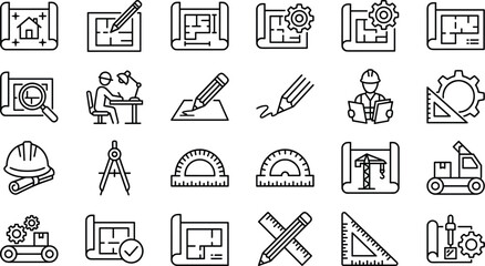 Architecture and construction icon set, black and white vector, blueprint, engineer, gear, ruler, compass, worker, drafting tools, infrastructure, design, planning
