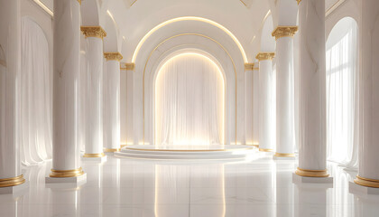 Luxury White Arch Interior with Golden Ambient Lighting, for stage background