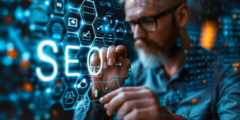 Marketing Specialist Engaging with SEO Optimization Tools on a Futuristic Interface for Enhancing Online Visibility