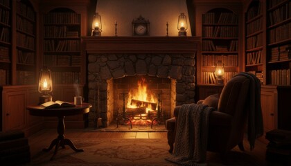 Classic vintage library interior with a burning stone fireplace, wooden bookshelves full of old books, and a cozy armchair creating a tranquil and warm evening ambiance