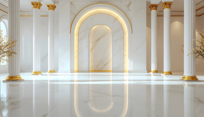 Luxury White Arch Interior with Golden Ambient Lighting, for stage background