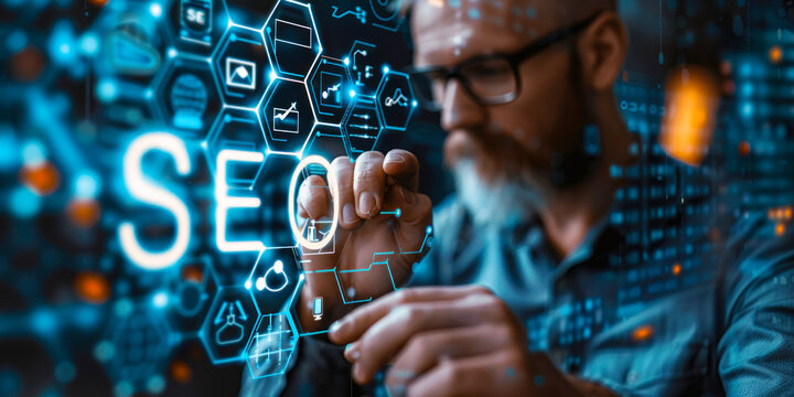 Marketing Specialist Engaging with SEO Optimization Tools on a Futuristic Interface for Enhancing Online Visibility