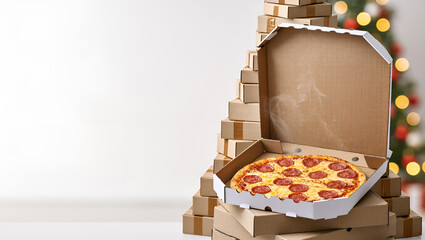 Steaming pizza in open box sits atop stack of closed pizza boxes, set against warm bokeh lights and festive background, ideal for food delivery promotions, holiday meal concepts, casual dining ads