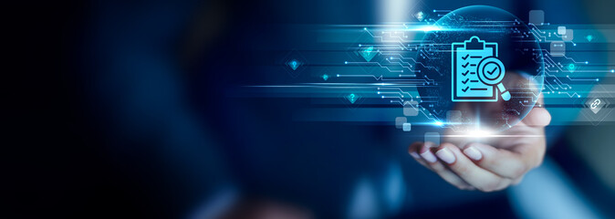 Assessment concept, Businessman hold Assessment icon for evaluating performance, analyzing data and supporting informed business decisions.