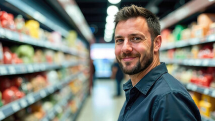 European man stands in a supermarket with grocery shelves in the background. Visual for retail advertising campaigns and family products