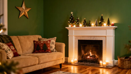 A cozy Christmas living room with a fireplace, decorated trees, candles, and a comfortable sofa, creating a warm festive atmosphere.