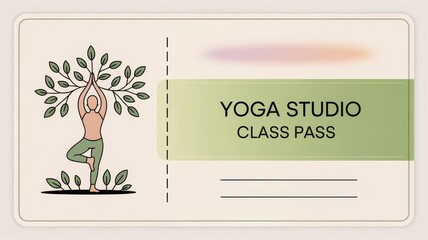 Minimalist vector yoga class pass voucher - tree pose, peach & sage
