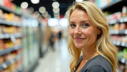 European blonde woman stands in a supermarket with grocery shelves in the background. Visual for retail advertising campaigns and family products