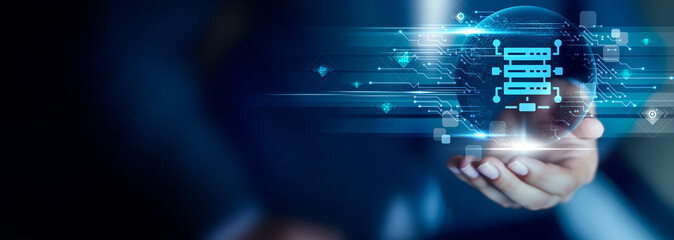 Big Data concept, Businessman hold Big Data icon representing large-scale information processing, analytics and digital transformation.