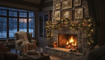 Fototapeta premium Cozy rustic living room interior with a warm burning stone fireplace decorated for the holidays with a festive garland, overlooking a snowy winter landscape at dusk