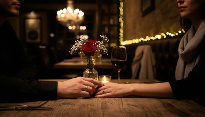 Couple's hands gently holding each other across a wooden table during a romantic dinner date with red roses, wine, and warm candlelight in a cozy restaurant