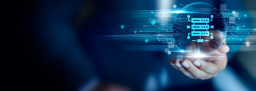 Big Data concept, Businessman hold Big Data icon representing large-scale information processing, analytics and digital transformation.