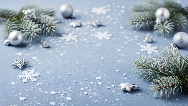 Frosted pine branches with glistening silver Christmas decorations and white snowflakes on a cool blue background - Powered by Adobe
