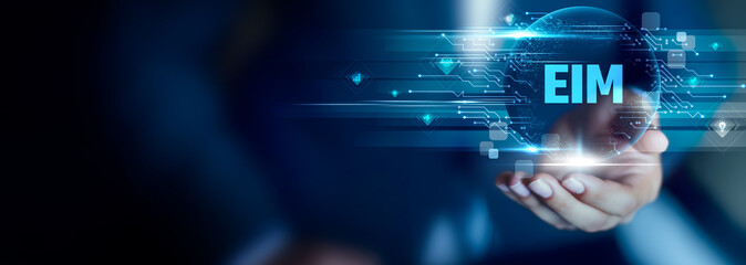 EIM concept, Businessman hold EIM text. data governance, content control, information quality, system integration, secure access, organizational efficiency