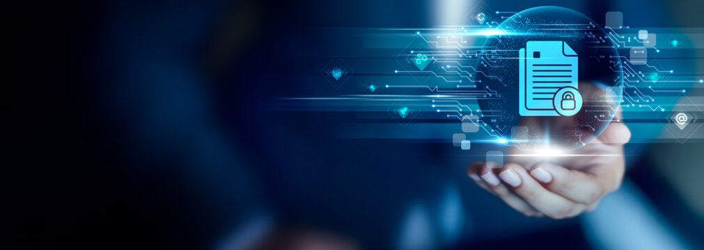 Document Management concept, Businessman hold Document Management icon. file organization, secure storage, workflow automation, version control, easy retrieval, digital archiving