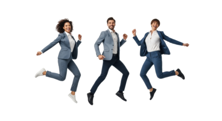 Three diverse professionals in smart-casual wear perform an energetic synchronized leap against a transparent studio background, symbolizing dynamic teamwork and success