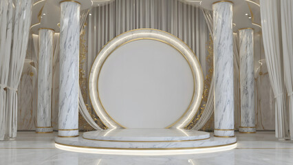 Luxury White Arch Interior with Golden Ambient Lighting, for stage background