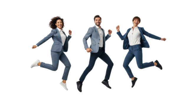Three diverse professionals in smart-casual wear perform an energetic synchronized leap against a transparent studio background, symbolizing dynamic teamwork and success - Powered by Adobe