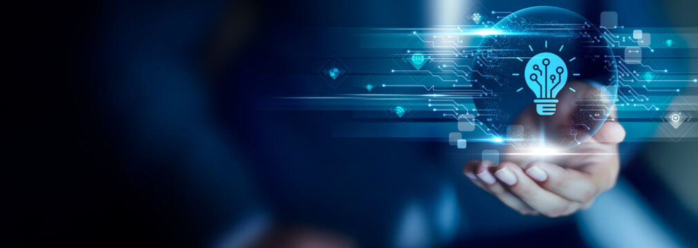 Innovation Technology concept, Businessman hold Innovation Technology icon. creative solutions, advanced systems, future concepts, digital progress, smart development, modern evolution