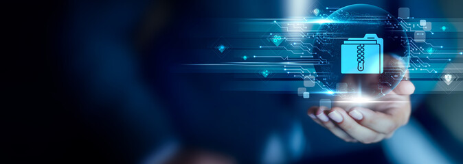 Open Data concept, Businessman hold Open Data icon. public information, transparent access, shared resources, data reuse, digital insight, community benefits