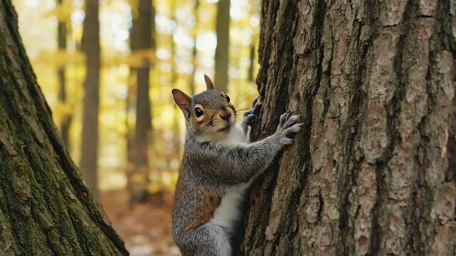 A curious grey squirrel climbs a tree trunk in an autumn forest. Panoramic composite image showing the sequence of a wild animal in its natural habitat
