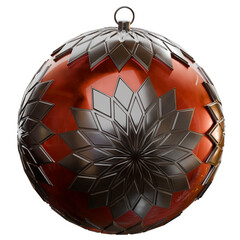 A Christmas ornament accented with polished metal parts, combining festive color and reflective metallic details. Elegant, modern, and highly detailed, ideal for premium holiday graphics.