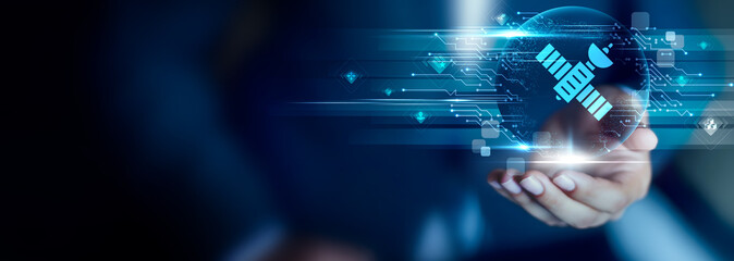 Space Technology concept, Businessman hold Space Technology icon. satellite systems, cosmic research, advanced engineering, orbital innovation, future exploration, aerospace progress