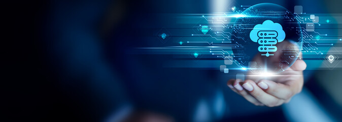Web Hosting concept, Businessman hold Web Hosting icon. server storage, site uptime, domain...