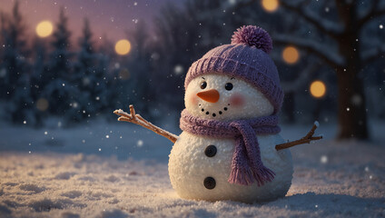 Happy snowman standing in snowfall