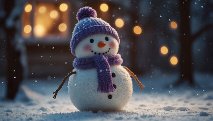Cute snowman enjoying winter evening