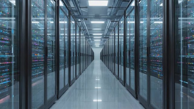 Mirrored panoramic perspective of a data center aisle with server racks processing information. Cloud service technology, database hosting, and artificial intelligence supercomputer concept