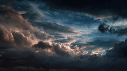 Naklejka premium Dark clouds fill the sky with a mix of colors during sunset. Light breaks through the clouds creating a striking visual. The scene shows the beauty of the evening sky.