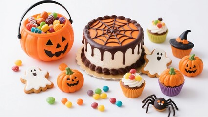 A variety of Halloween themed candies and a decorated cake for a festive and spooky celebration.