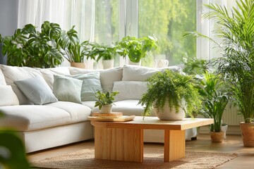 Bright living room interior, white sectional sofa, wooden coffee table, lush green houseplants filling space.